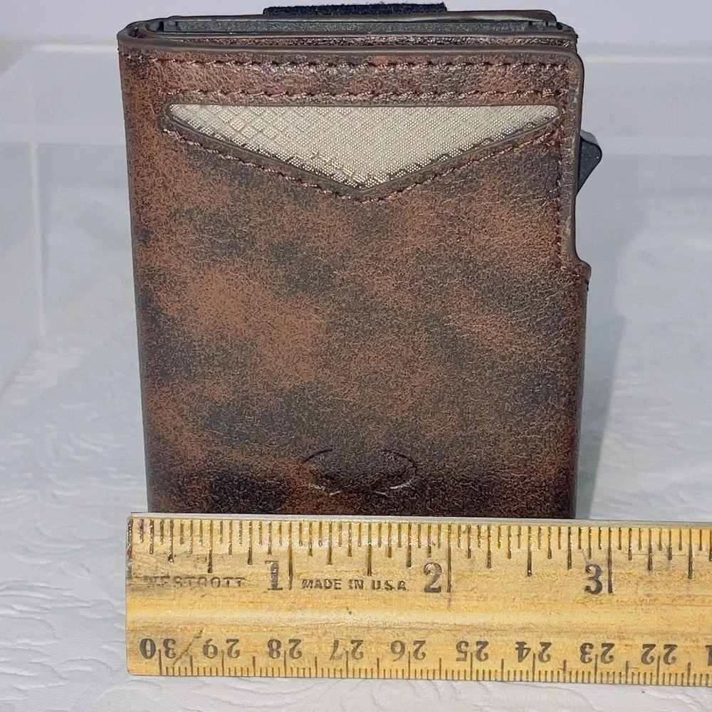 Mens Pop Up AirTag Wallet OS Brown Distressed RFID Trifold Slim